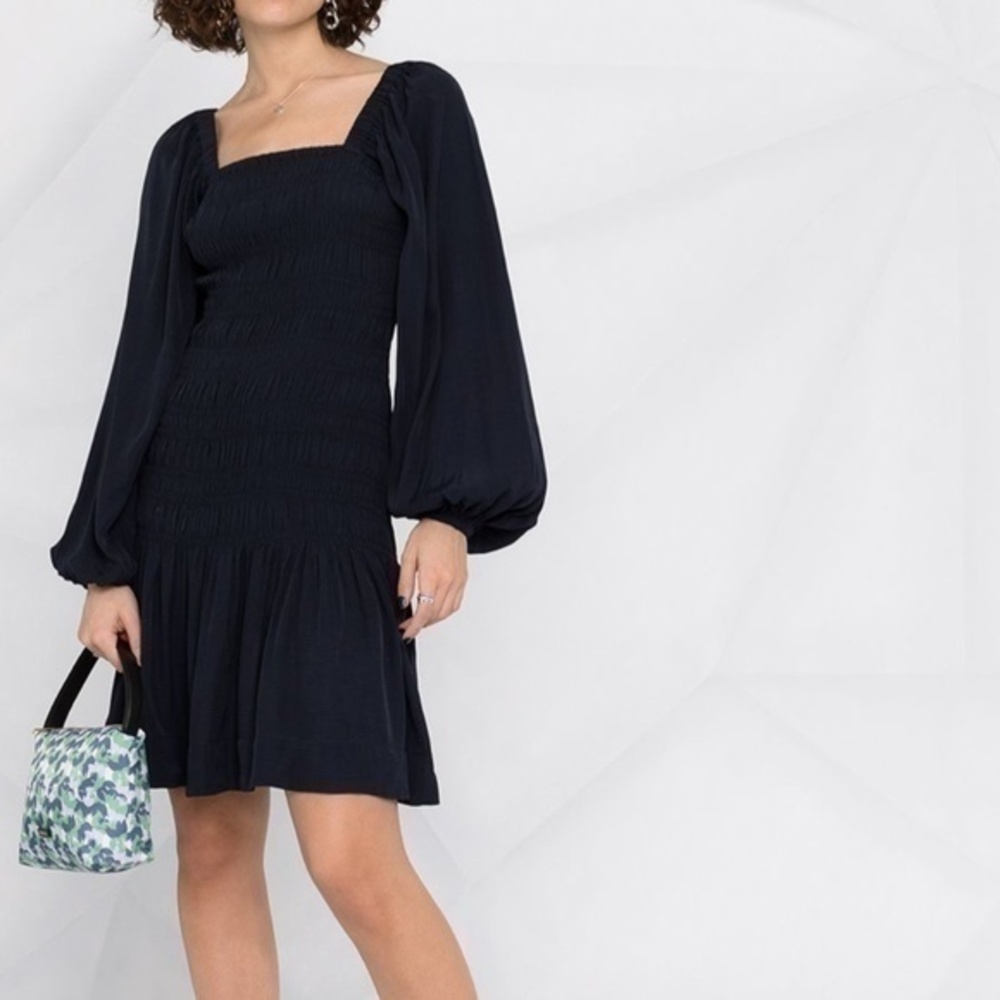 Ganni Navy Long-Sleeve Smocked Mini Dress